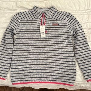 Vineyard Vines dark gray heather with blue stripe fleece shep shirt pink trim.